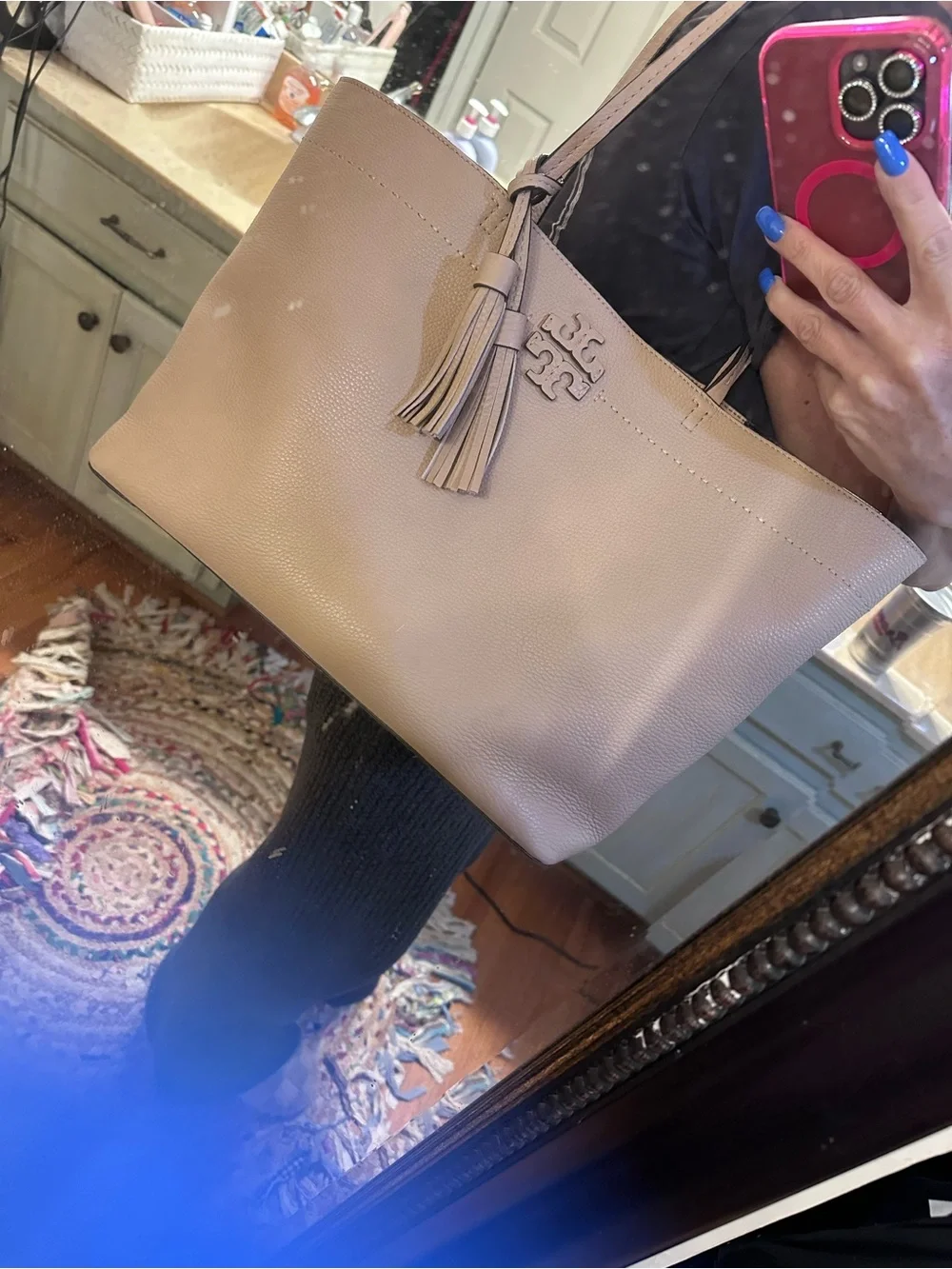 Tory Burch Powder Pink Pebbled Leather Tote with Tassel
